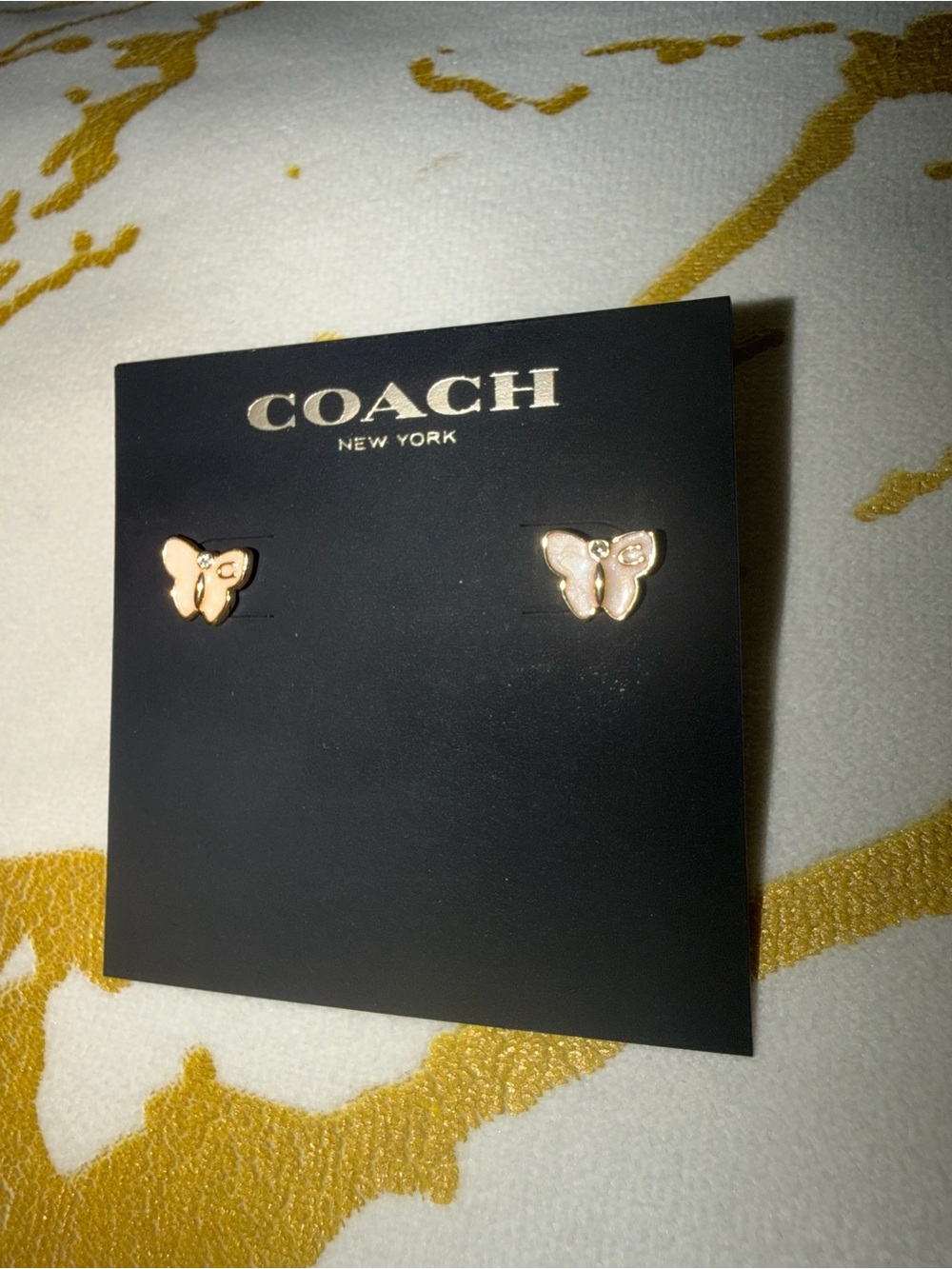 Coach Pink Enamel Butterfly Stud Earrings with Gold-Tone Trim - Picture 3 of 5